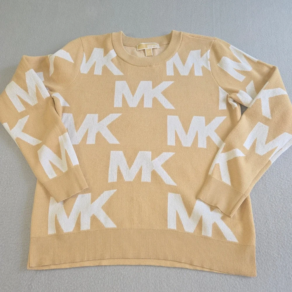 Michael Kors MK Logo Sweater Womens Medium Camel White Monogram Crewneck